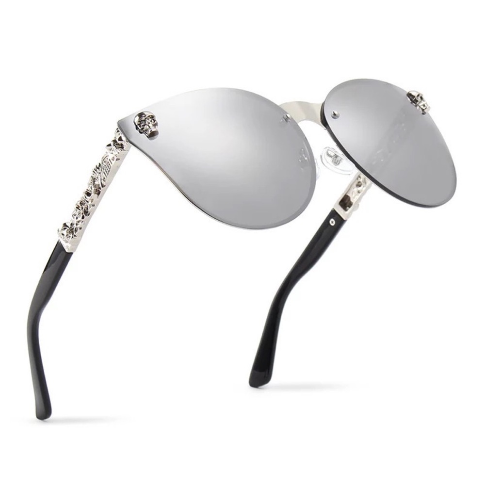 KINGSEVEN Silver Gothic Skull Rimless Cat Eye Sunglasses - Picture 1 of 16